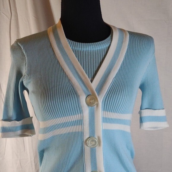 Vintage 70’s Light Blue w/White Stripes Short Sleeve Cardigan w/ Faux Tank – M