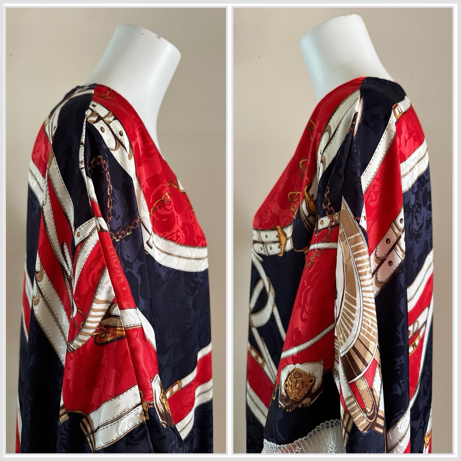 1970s Equestrian Scarf Print Caftan Dress Red Navy Gold Maxi Boho Resort Vintage
