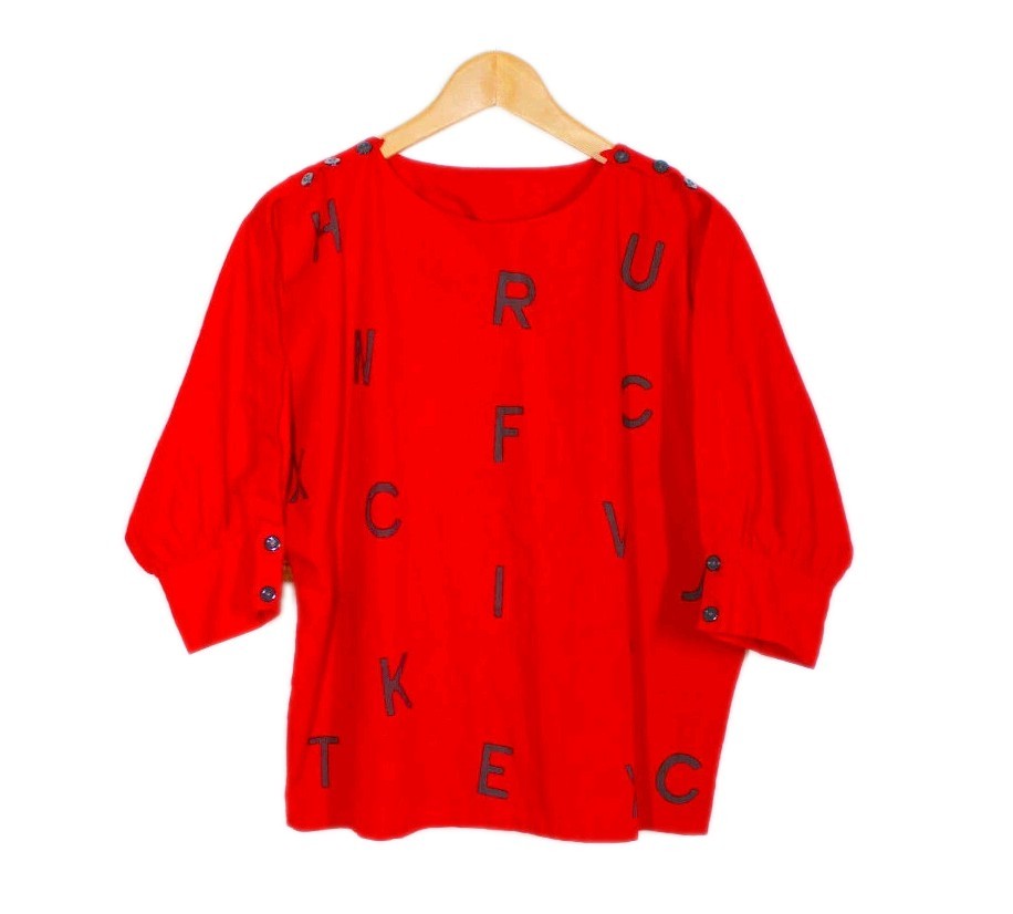 Vintage 1980s Alphabet Shirt Womens L Red 100% Cotton Novelty Retro Puff Sleeve