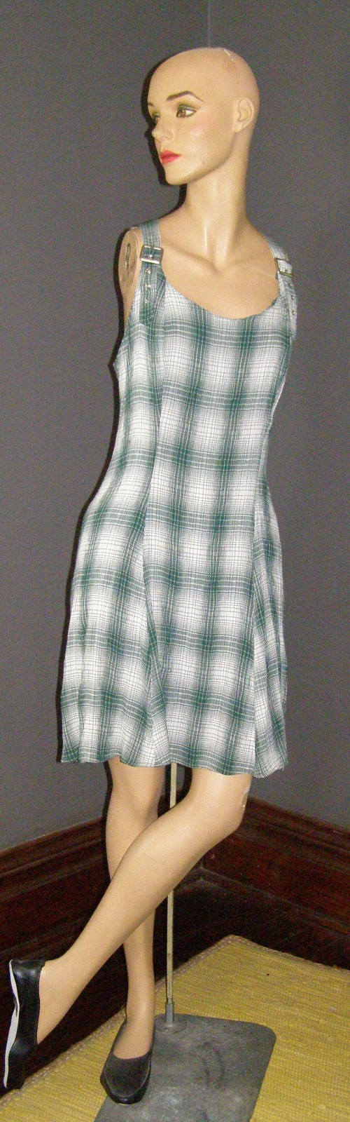 Vintage 90’s green plaid dress L XL BUCKEL STRAPS PARIS SPORTS CLUB grunge punk