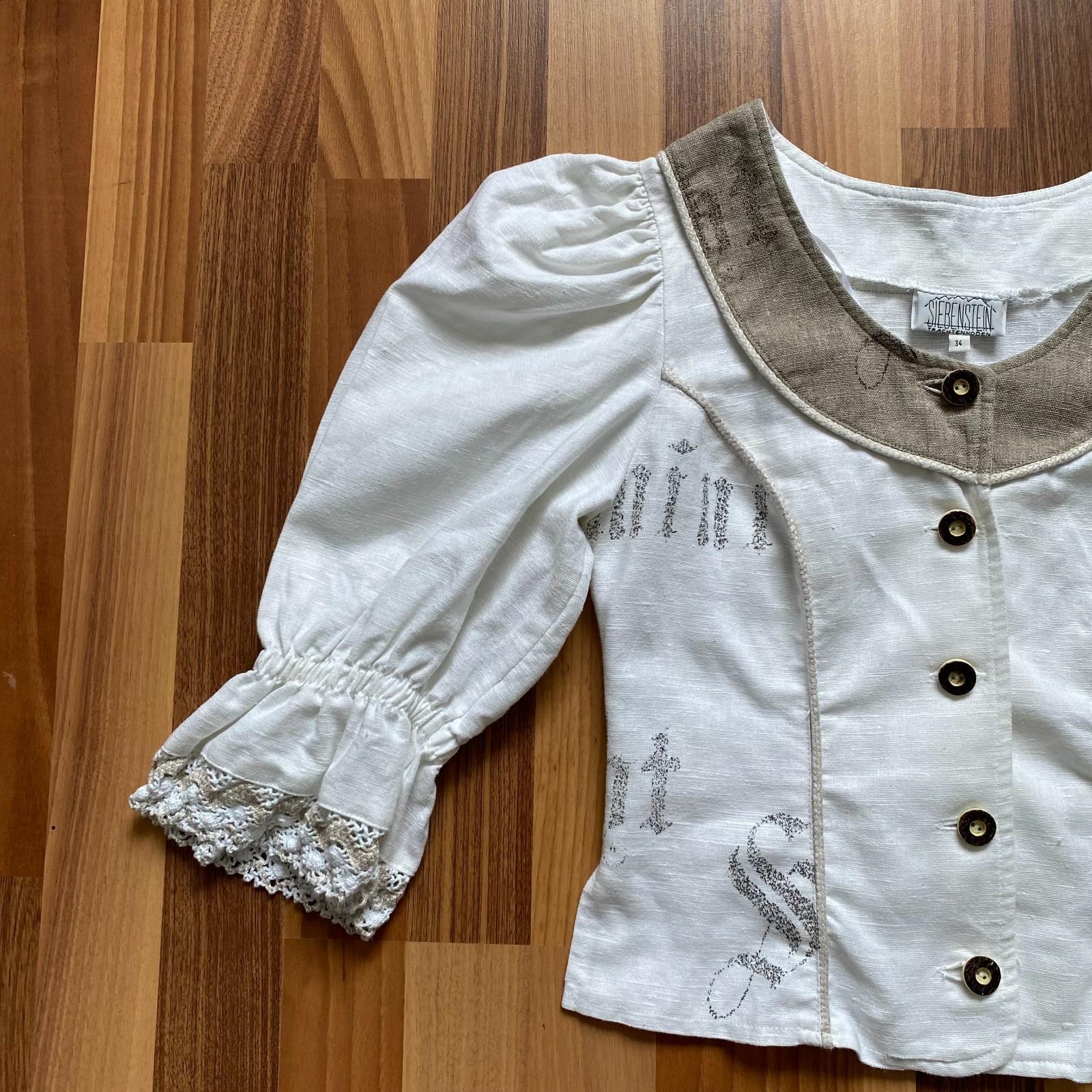 Vintage German Linen Puff Sleeves Blouse Button Front Corset Cottagecore Folk 34