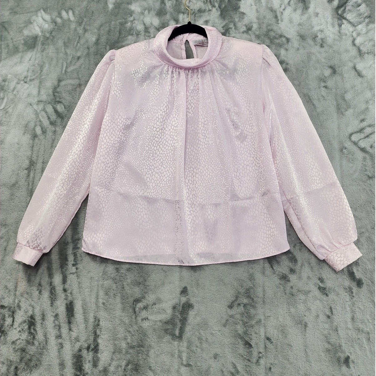 Vintage Grand Design Top Womens M Pink Jacquard Silky High Neck Long Sleeve
