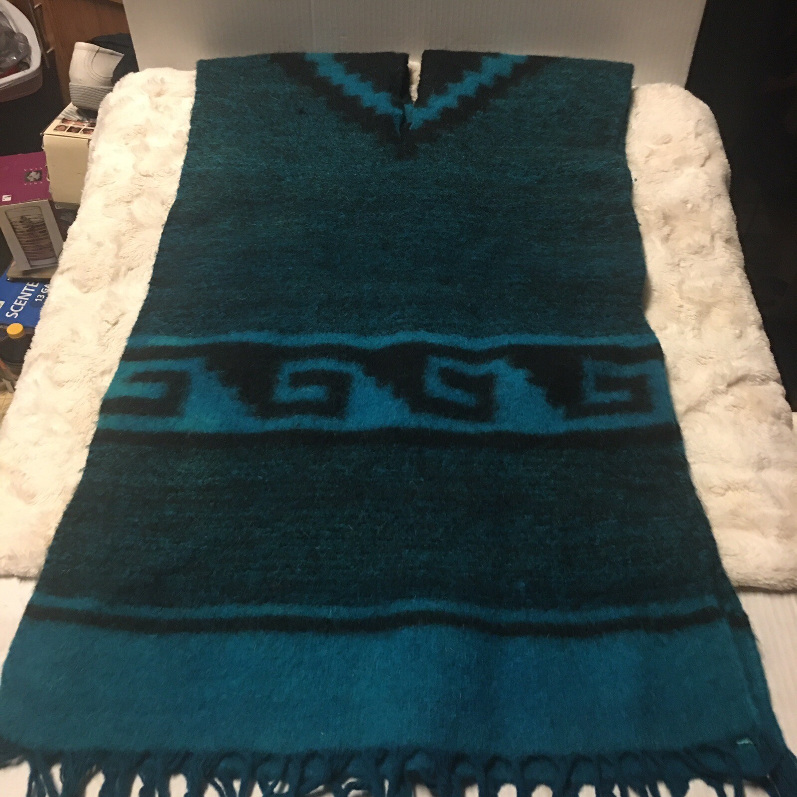 Vintage Wool Tribal poncho Teal￼Blue And Black Made In Mexico Length 34”/W 19￼