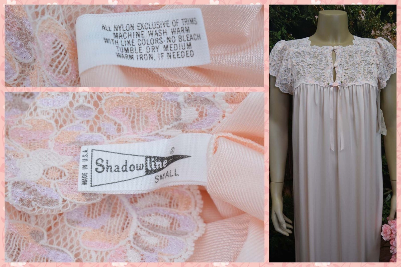 SHADOWLINE Pink Negligee Night Gown, Lace, Satin Ribbon, Feminine, NOS, Vintage