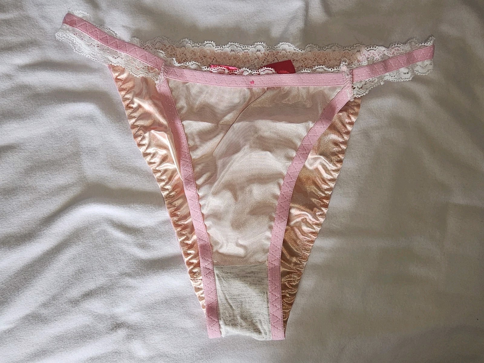 Vintage Girly Glossy Satin String Bikini Light Pink Panties. Size Large