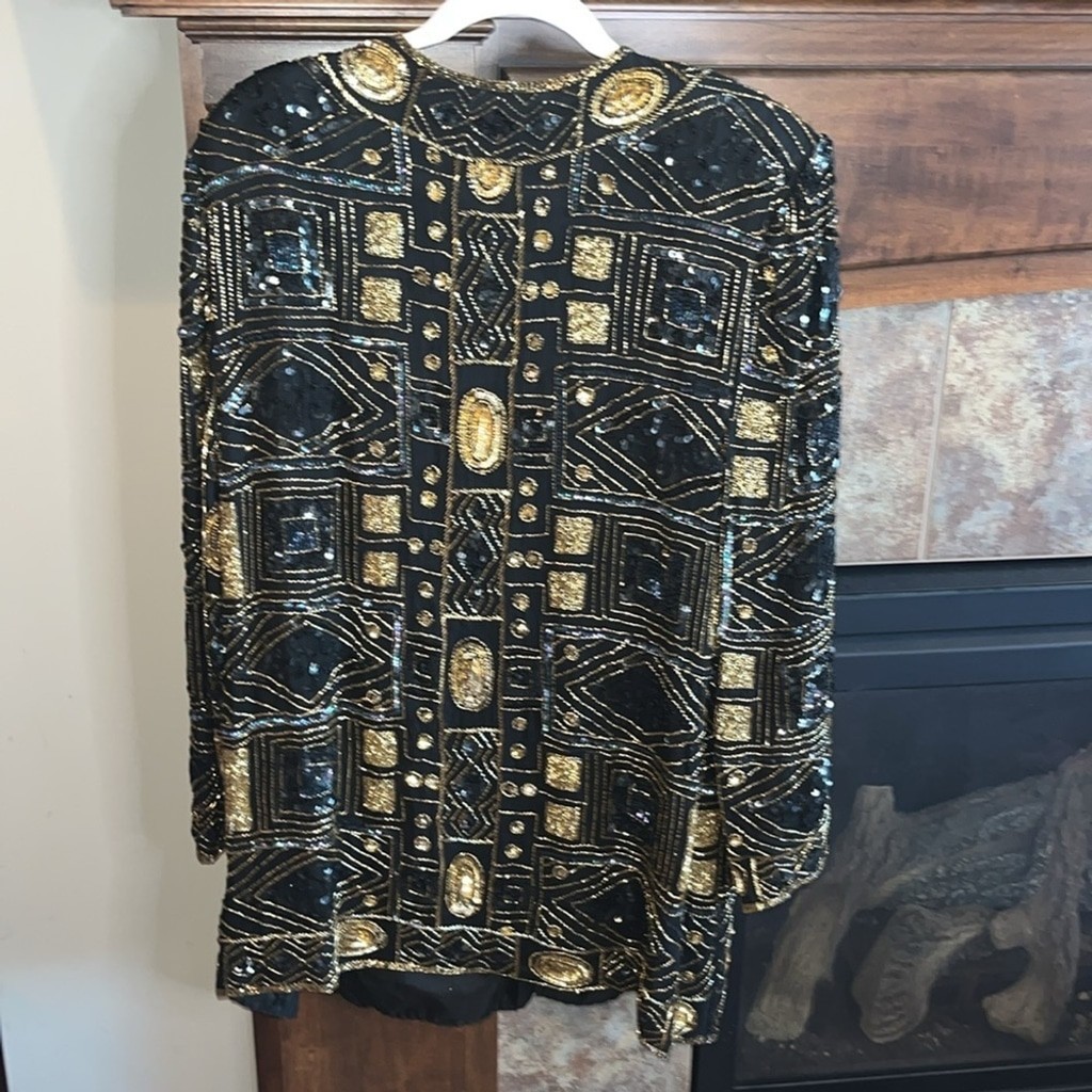 Vintage black and gold geometric beaded fancy silk formal evening jacket 1X