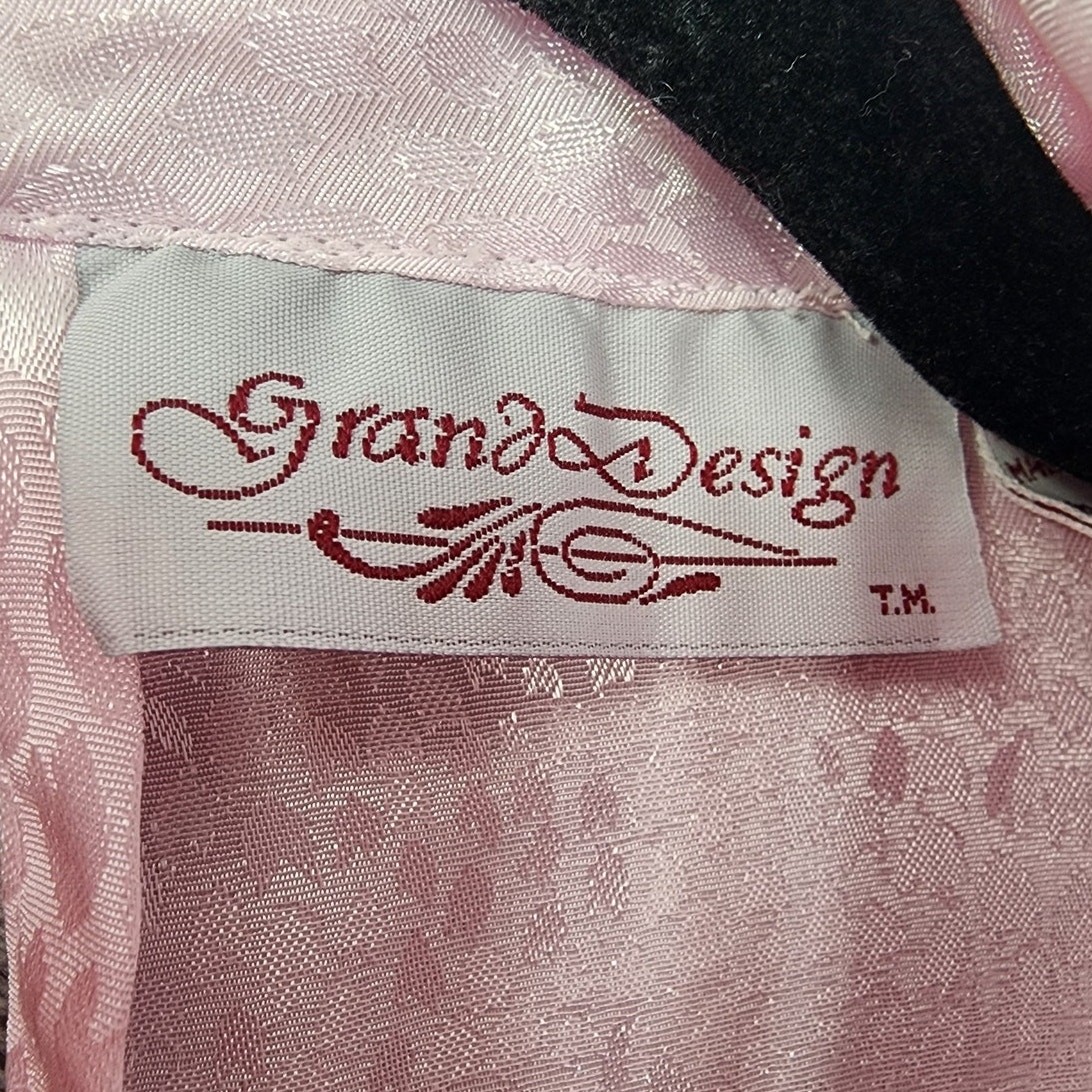 Vintage Grand Design Top Womens M Pink Jacquard Silky High Neck Long Sleeve