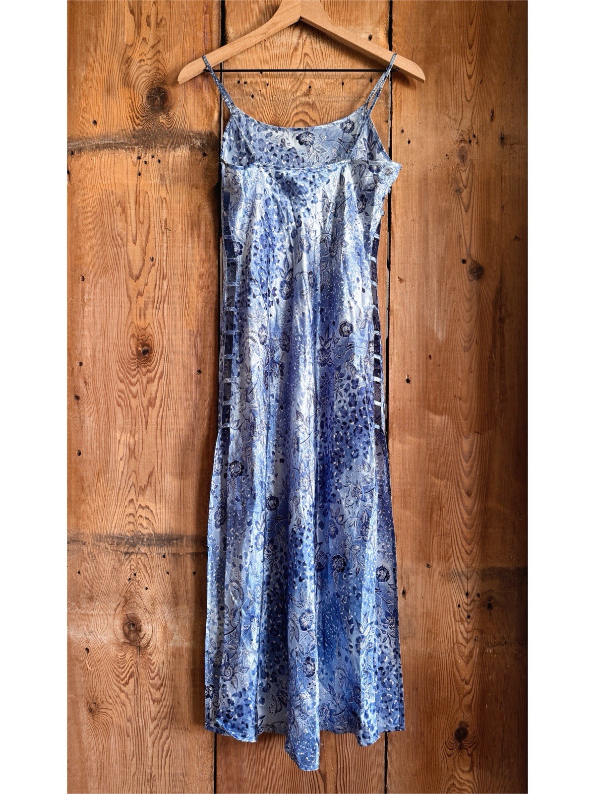 Sz S Vtg 90s Inner Most Ice Blue Silky Side Cutout Floral Chemise Slip Dress EUC