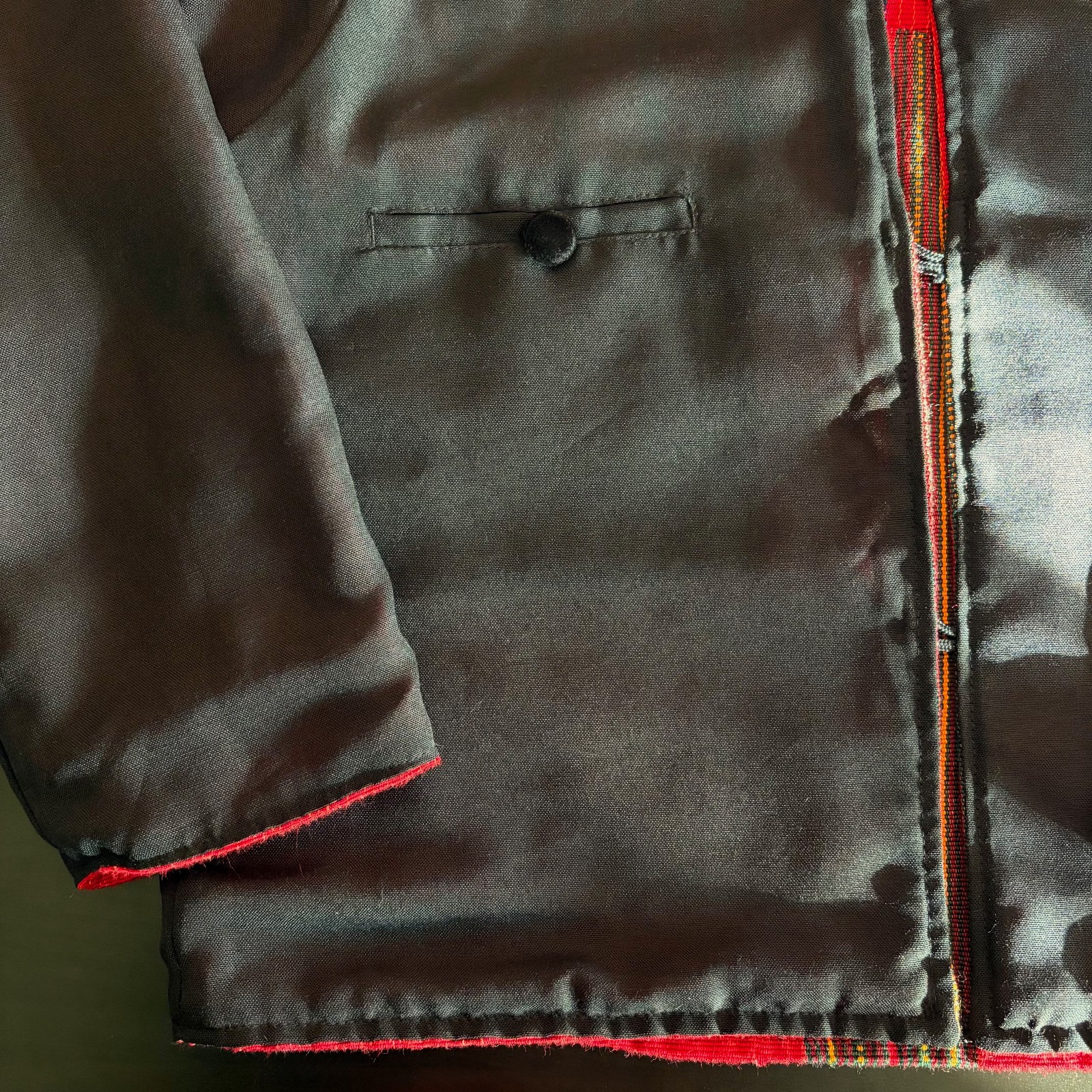 Vintage 90s XL Guatemalan Jacket Red Multicolor Handwoven Stripes Velvet Buttons