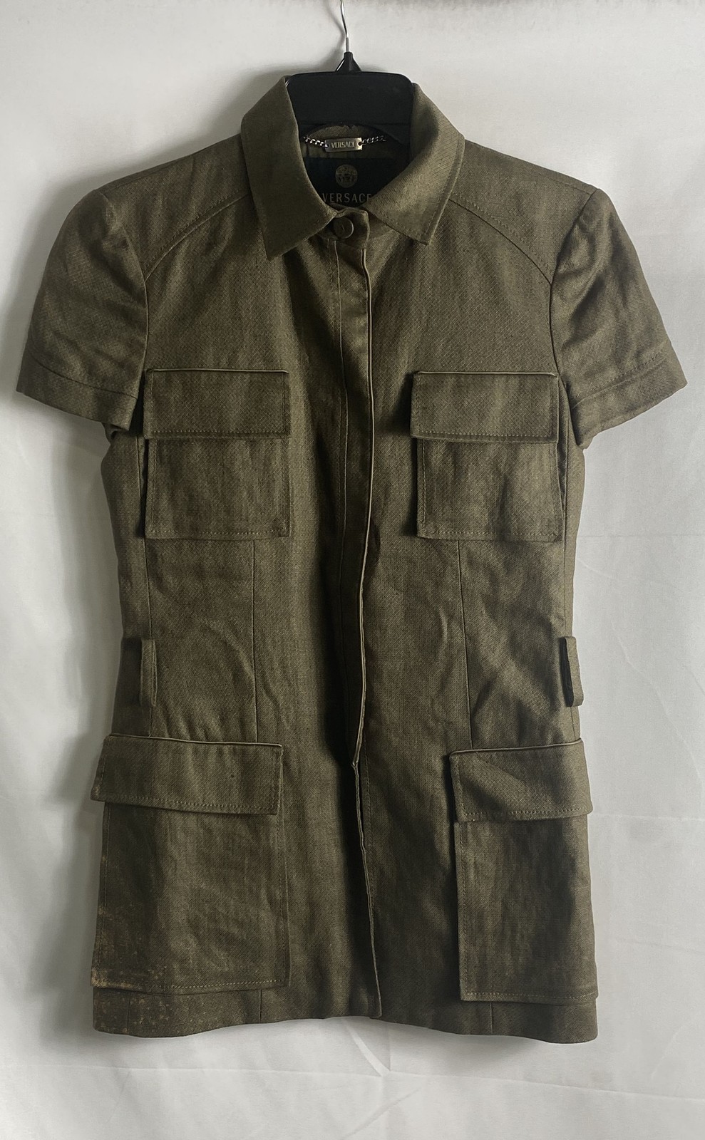 Vintage Versace Women’s Olive Green Linen Silk Safari Utility Jacket Dress Sz 38