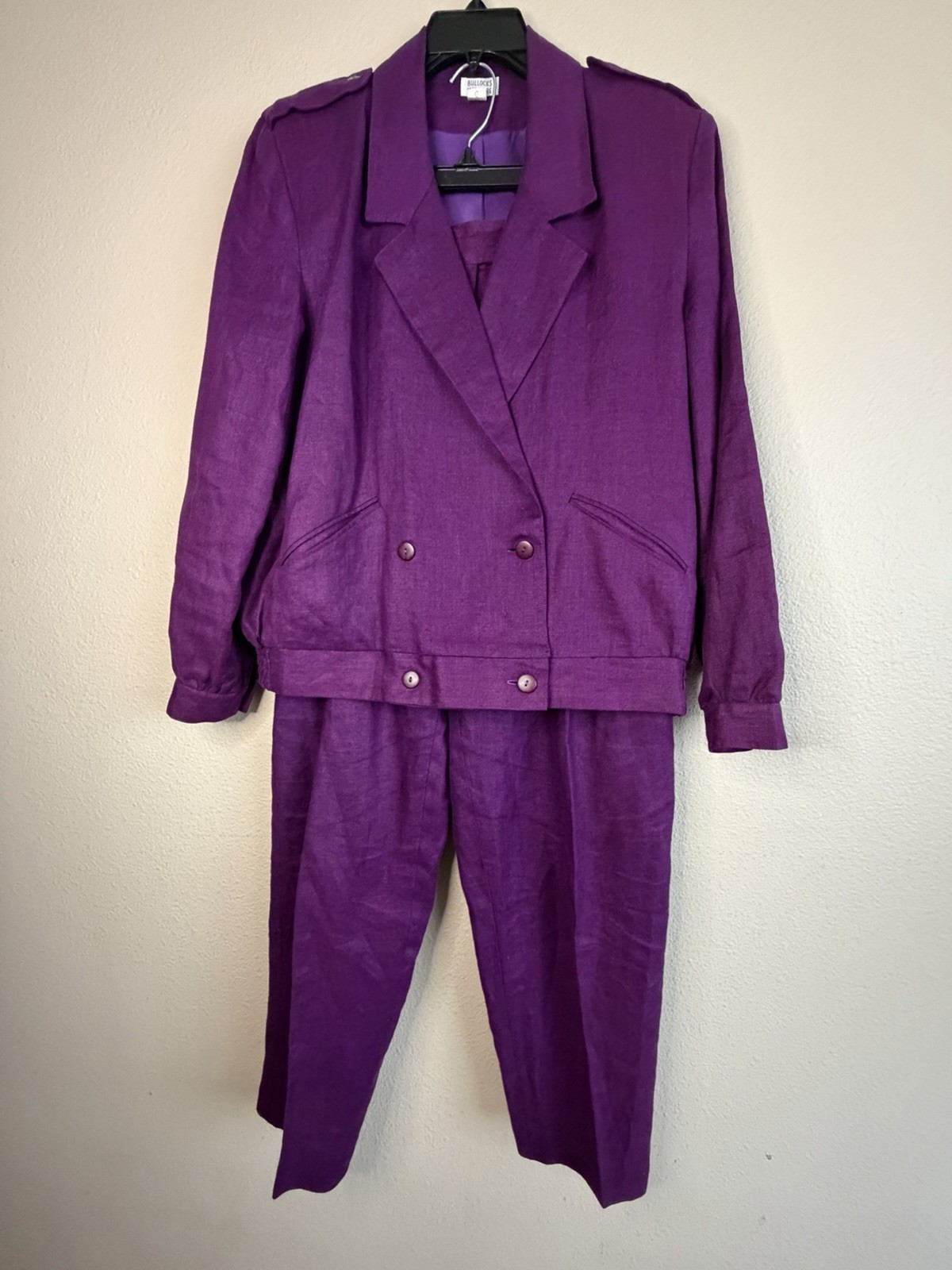 VTG 80s 90s BullocksWilshire Purple 100% Linen Pantsuit Set M 12 Power Suit Pads