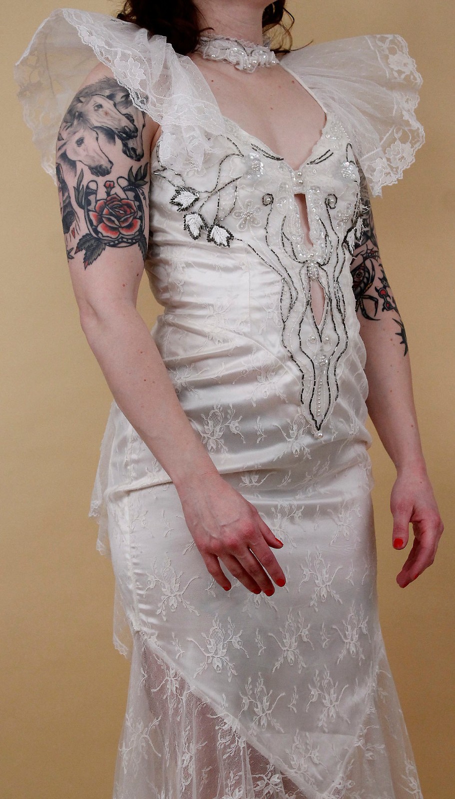 80s Vtg CLIMAX Karen Okada White Lace Angel Sleeve Dress Sheer Mesh Glam Mermaid