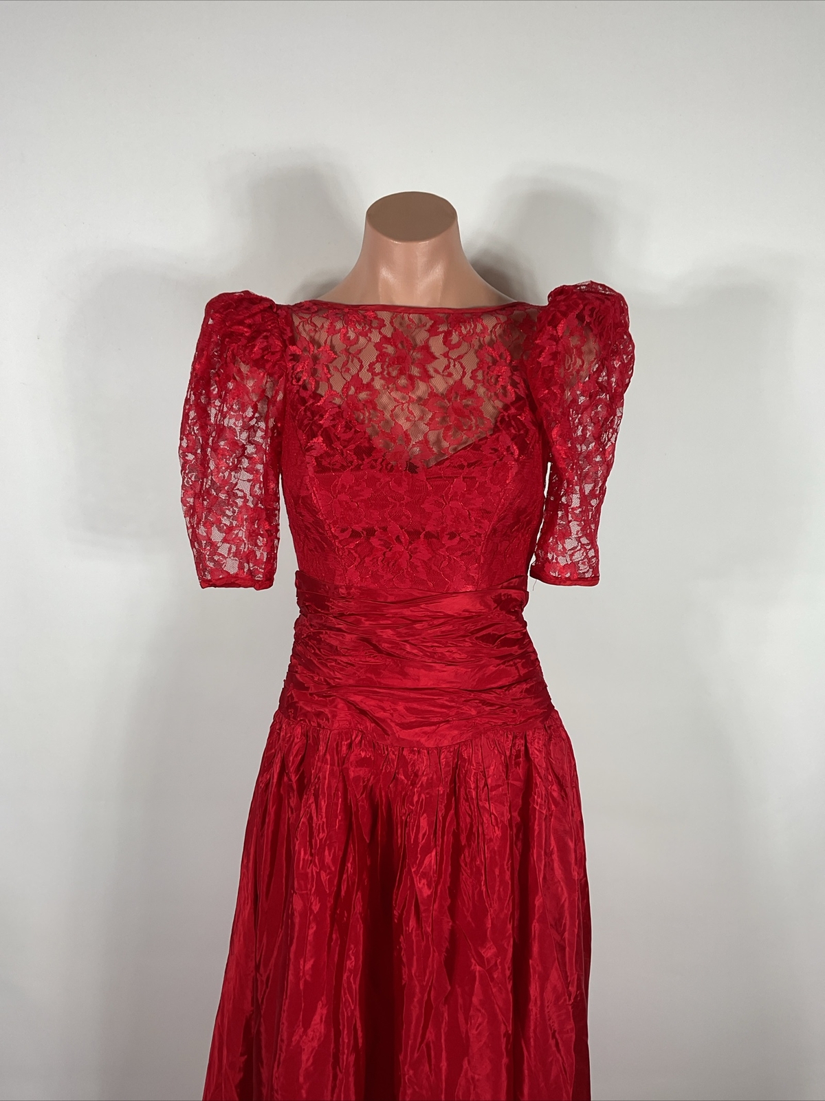 VTG 80s Prom Red LACE PUFFY BUBBLE SLEEVE Party Formal Bows Evening Dress Gown 4