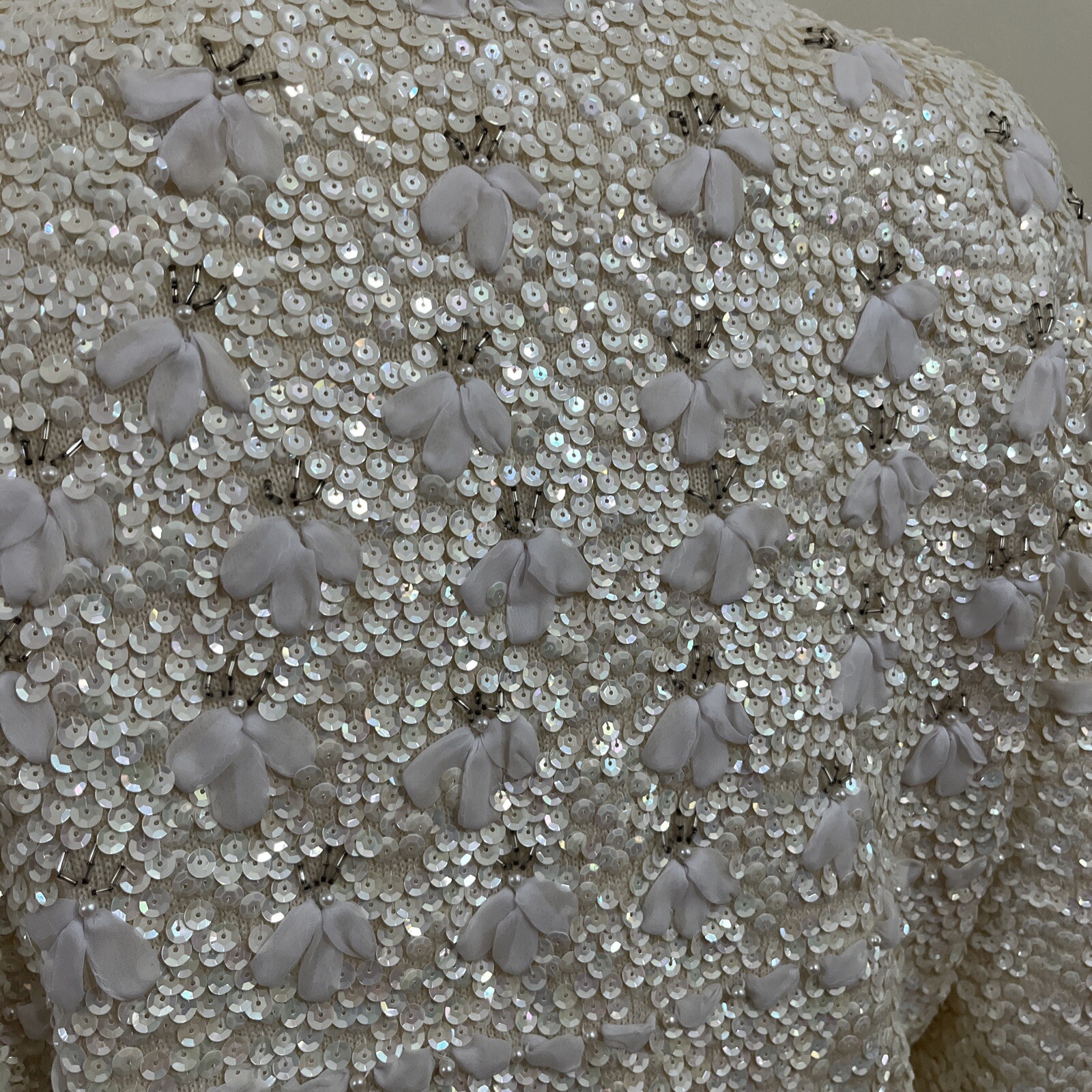 Vintage 1960s White Bouclé Cardigan Sweater Women’s Large Tailored Wool Beaded