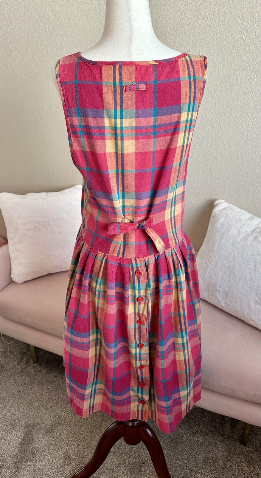 Vintage 80s Midi Dress Plaid Cotton Womens S Drop Waist Button Back Cottagecore
