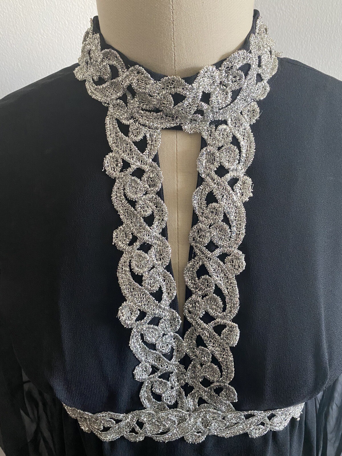 VTG Black Dress Silver Metallic Soutache Trim Sheer Sleeves Keyhole Neckline sz9