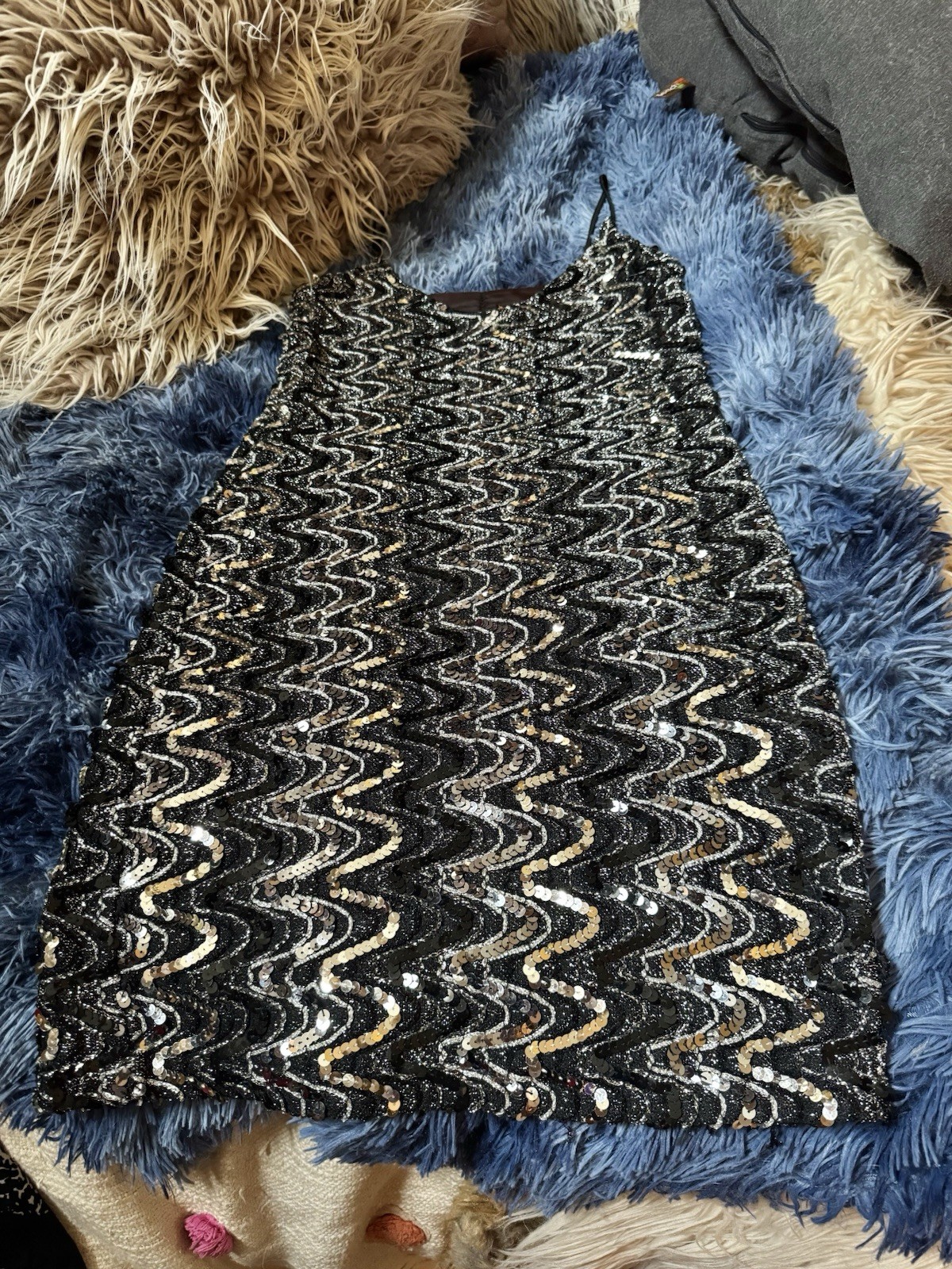 Vtg Diamond’s Run Wayne Silver Stretch Disco Dress Sequin Skinny Straps XS 70s