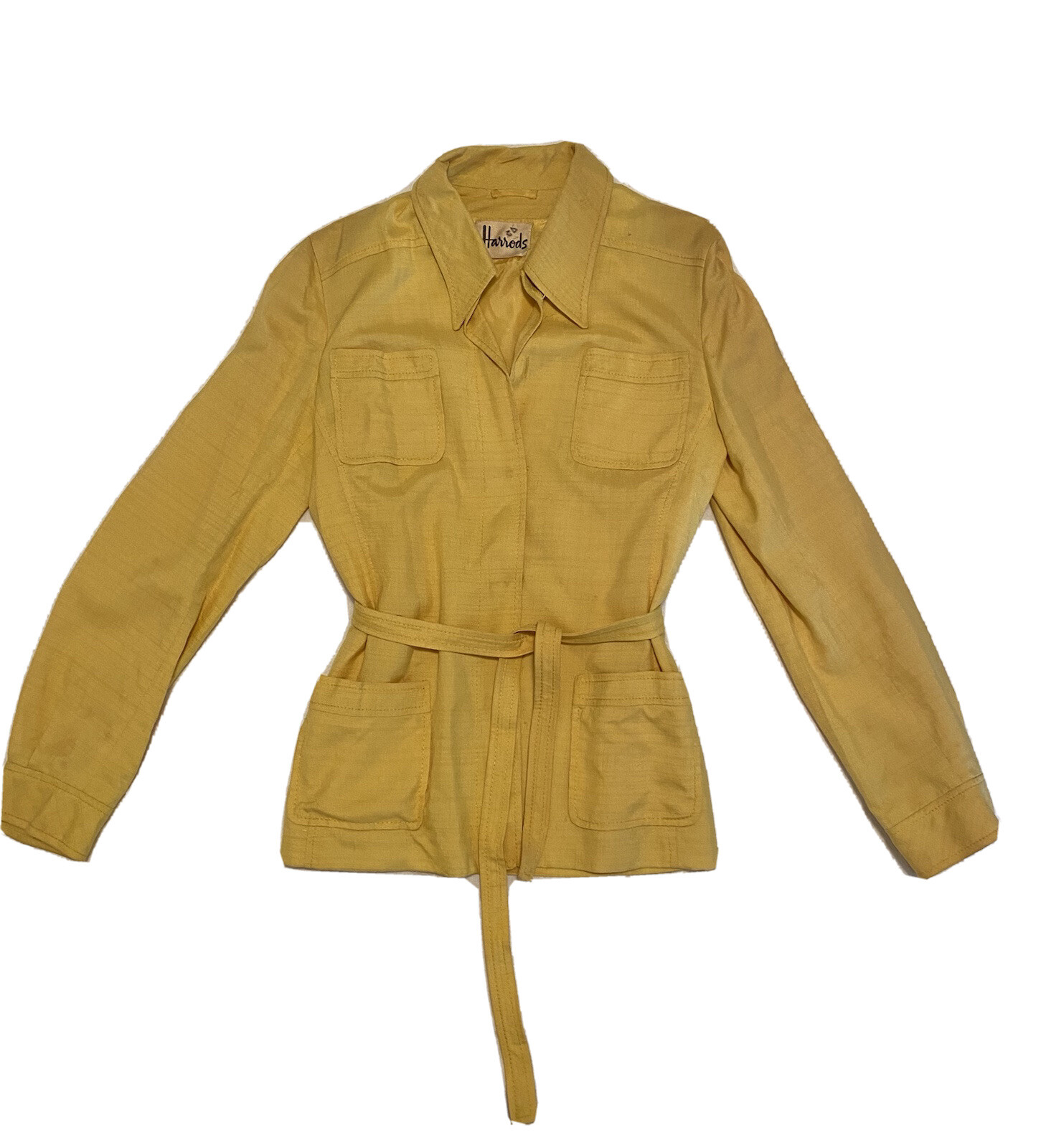 Vintage Harrods Cojana Yellow 60s 70s Short Trench Jacket Sml Viscose Rayon Silk