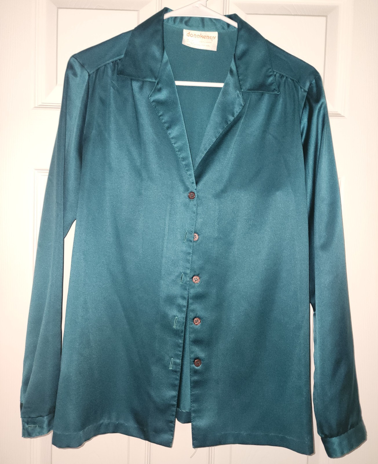 VINTAGE 70s BLOUSE by Donkenny – Size 11/12 Teal Blue Turquoise Disco Shiny