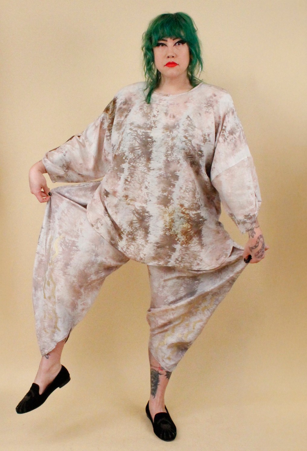 80s Vtg Silk Beige Gold Laise Adzer Langenlook Moroccan Harem Pant Suit OS