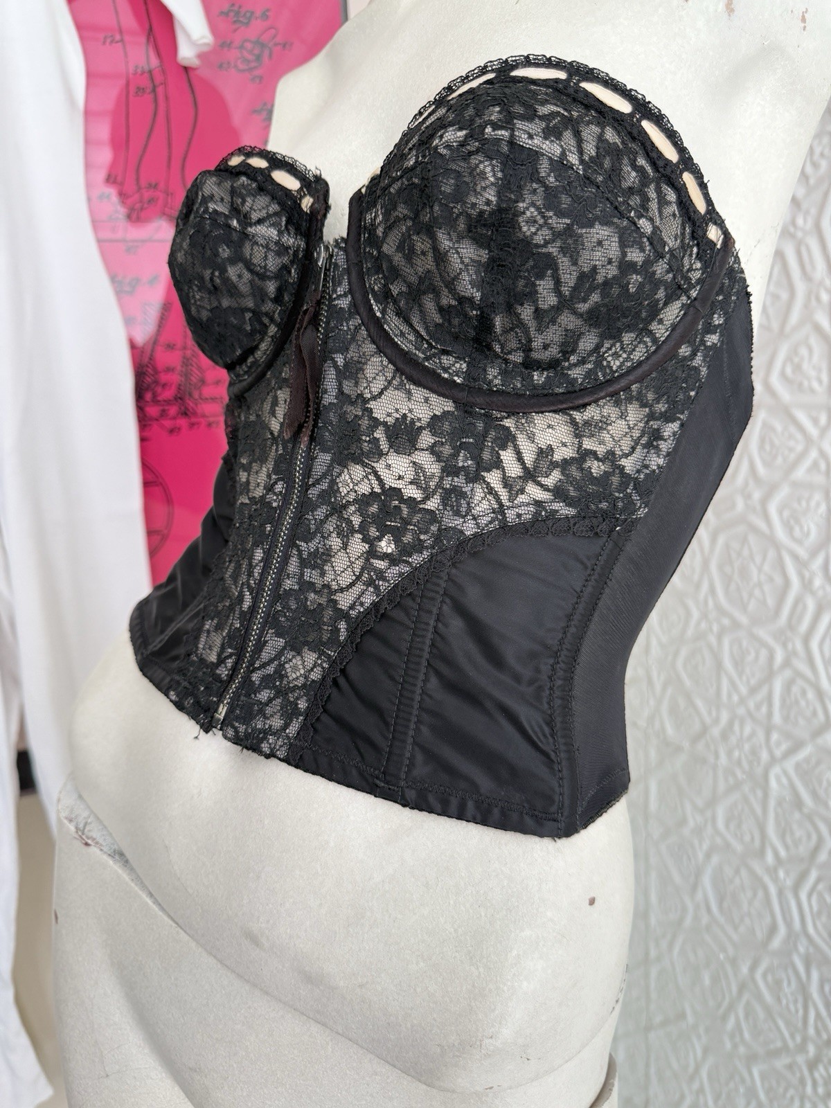 vintage Lady Marlene Corset Bra Top Strapless Bustier lace 1950s Black 34 B