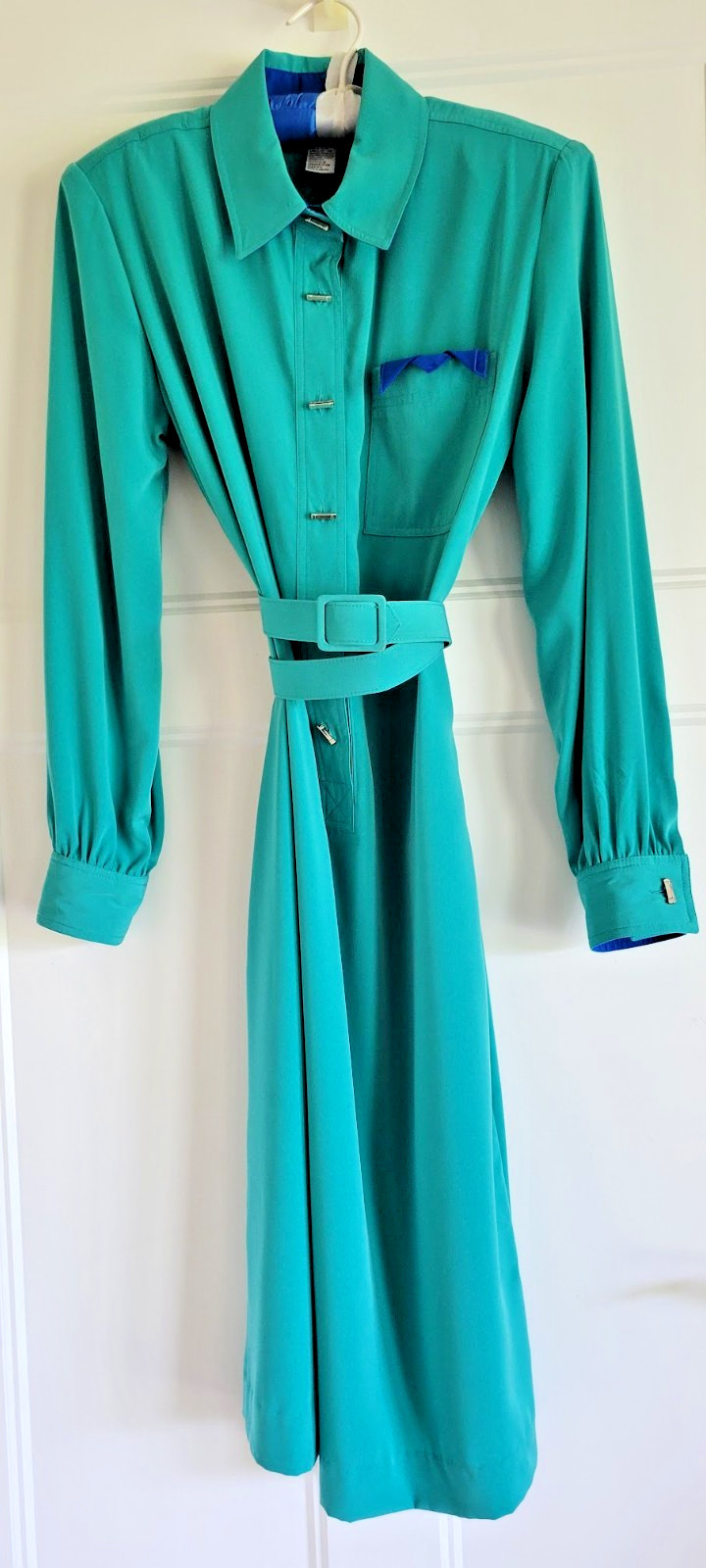 Vtg SCHRADER Shirt DRESS Sz 8 Emerald Green Long Sleeve Pockets Belt Half Button