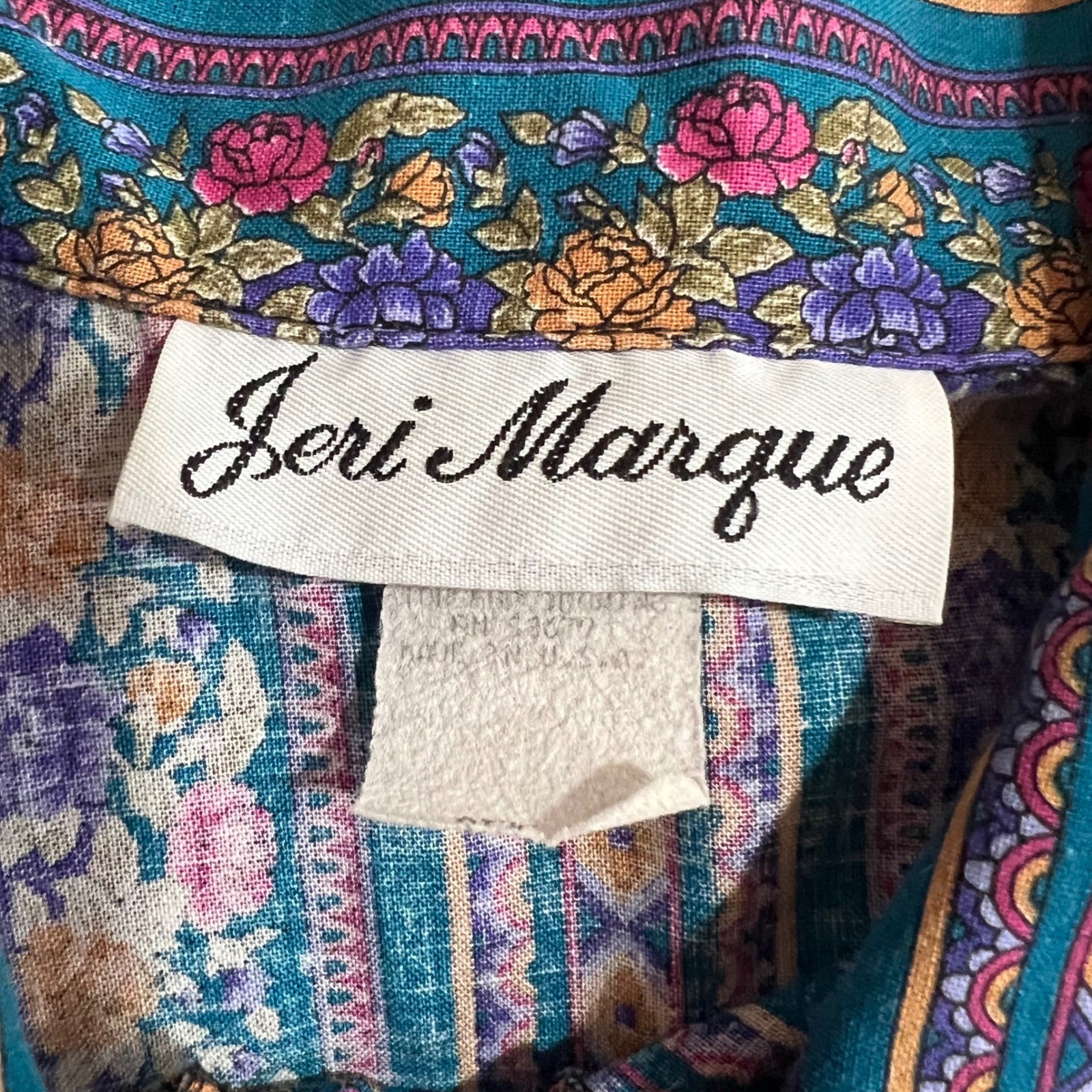 Vintage Jeri Marque Teal Cotton Blend Floral Stripe Button Down Shirt Boho USA M