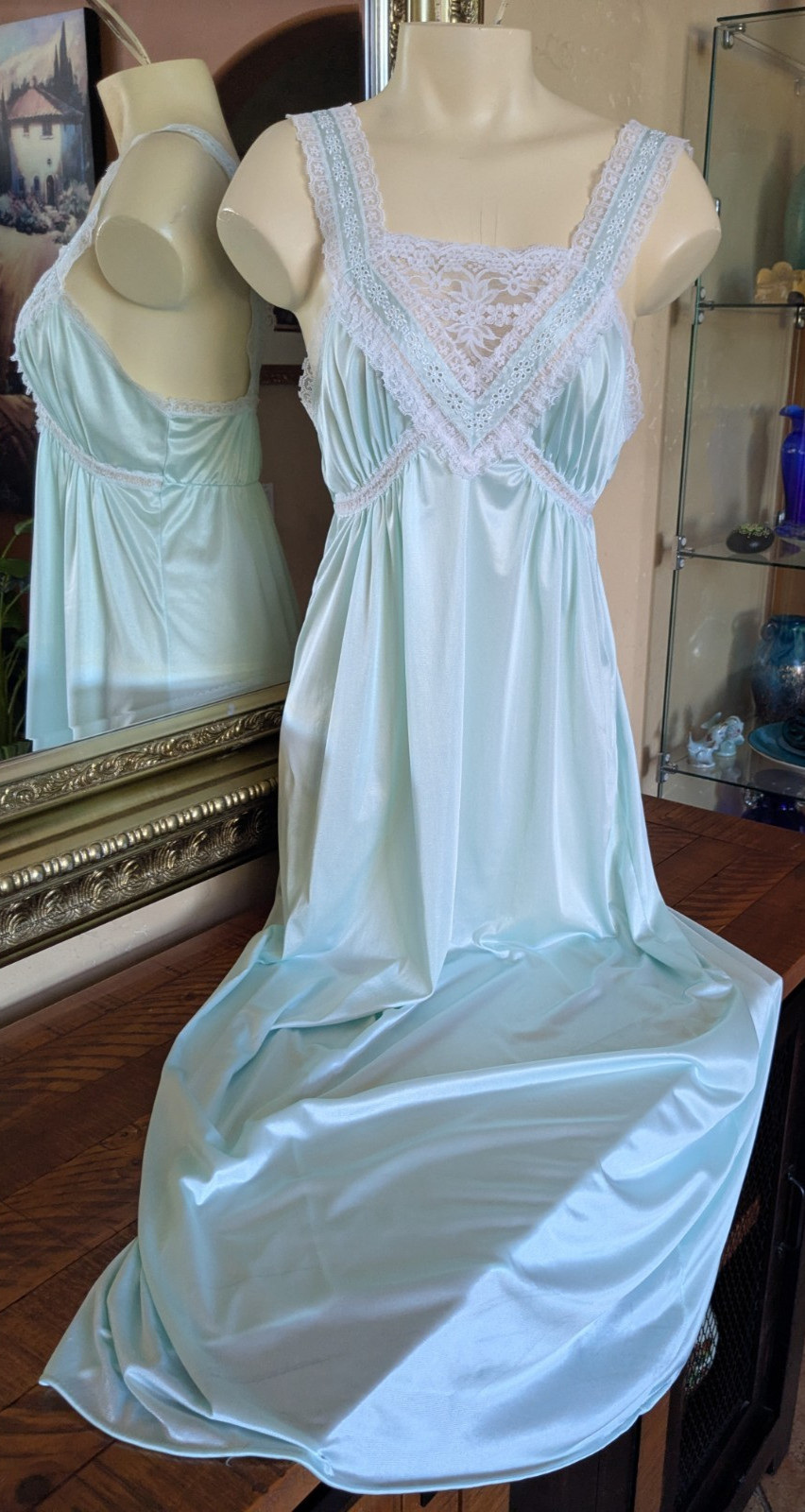 VTG 80s VAN RAALTE MINT GREEN WHITE FLORAL EYELET LACE GODDESS NIGHTGOWN SZ MED