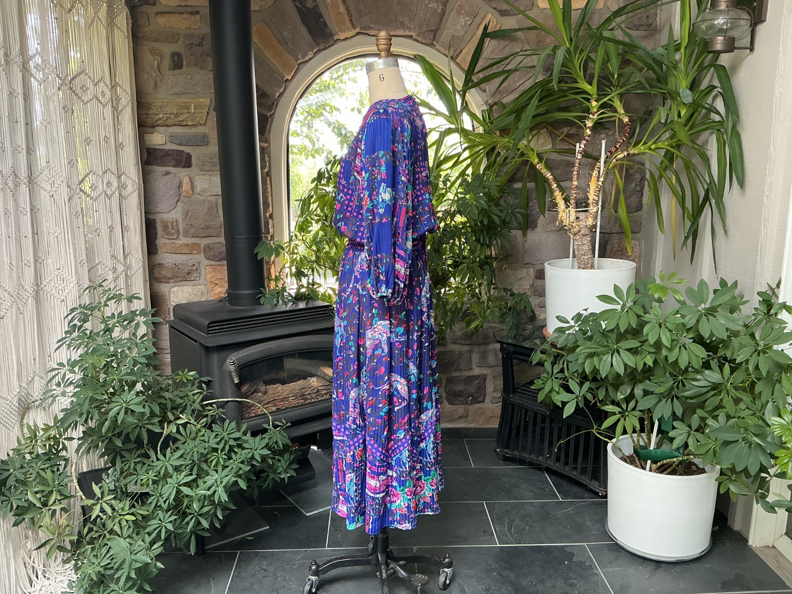 Vintage Blue and Pink Sequin Panther and Floral Print Midi Dress Diane Freis