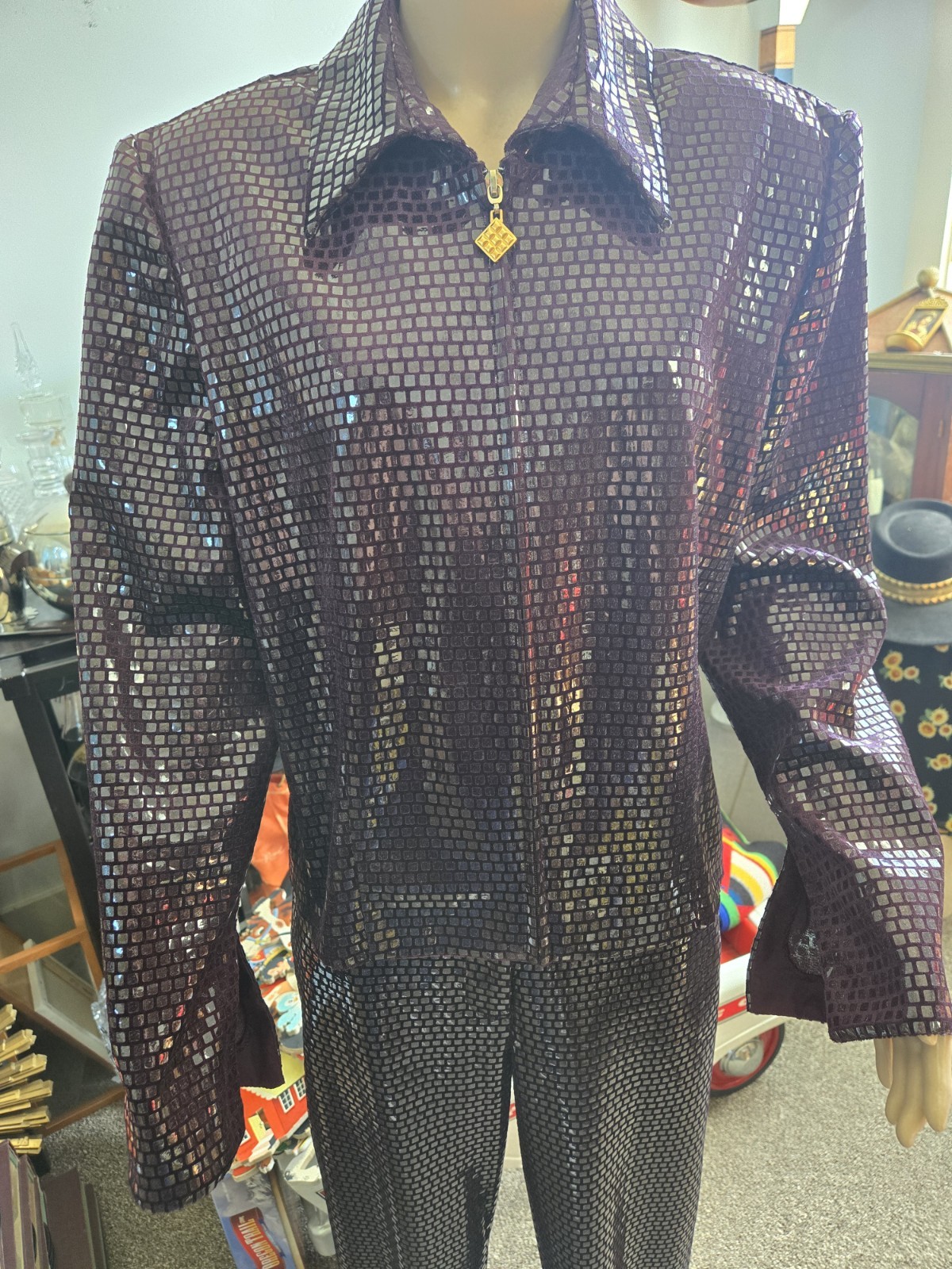 Vintage Joseph Ribkoff Sequined Pant Suit Plum Eggplant Size 12 Made In Canada