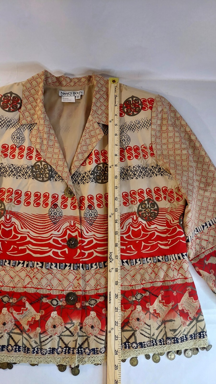 Vintage Nancy Bolen-City Girl Silk Blouse W/Beaded & Metallic Artwork Sz Med