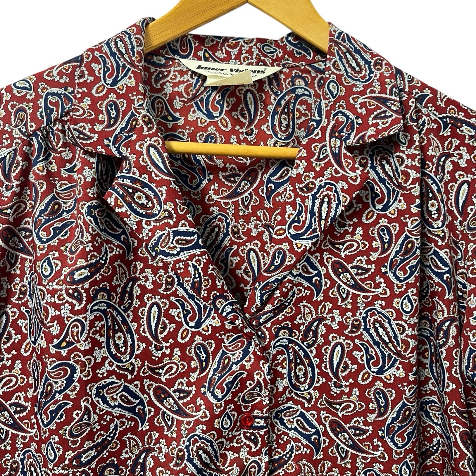 Vintage 70s Ship’n Shore Inner Visions Blouse Red Paisley XL Button Front Retro