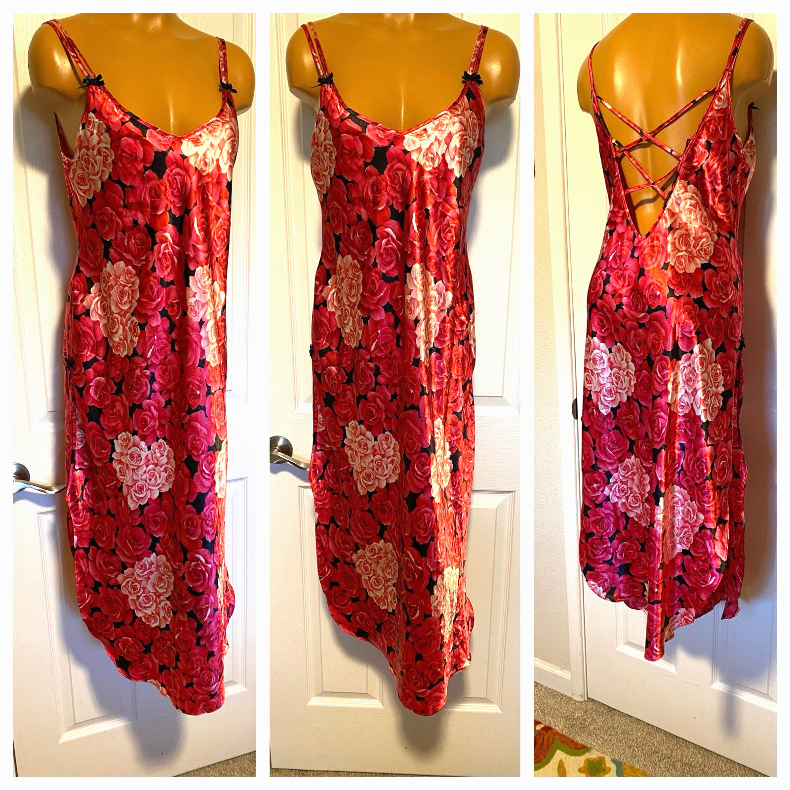 VTG Y2K SABRINA LINGERIE RED FLORAL SATIN W/ STRAPPY LOW BACK NIGHTGOWN SZ M