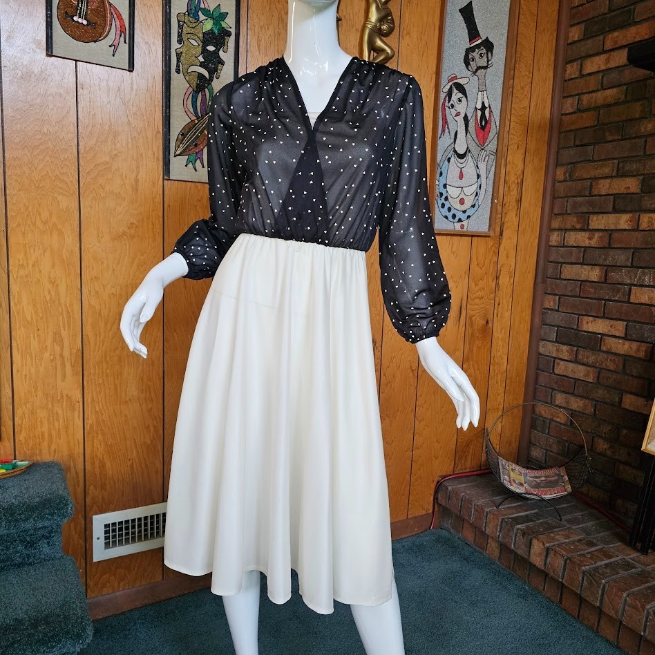 Vtg 70s Disco Hearts Print Bishop Sleeve Blouson Studio 54 Swing Dress XS/S/M