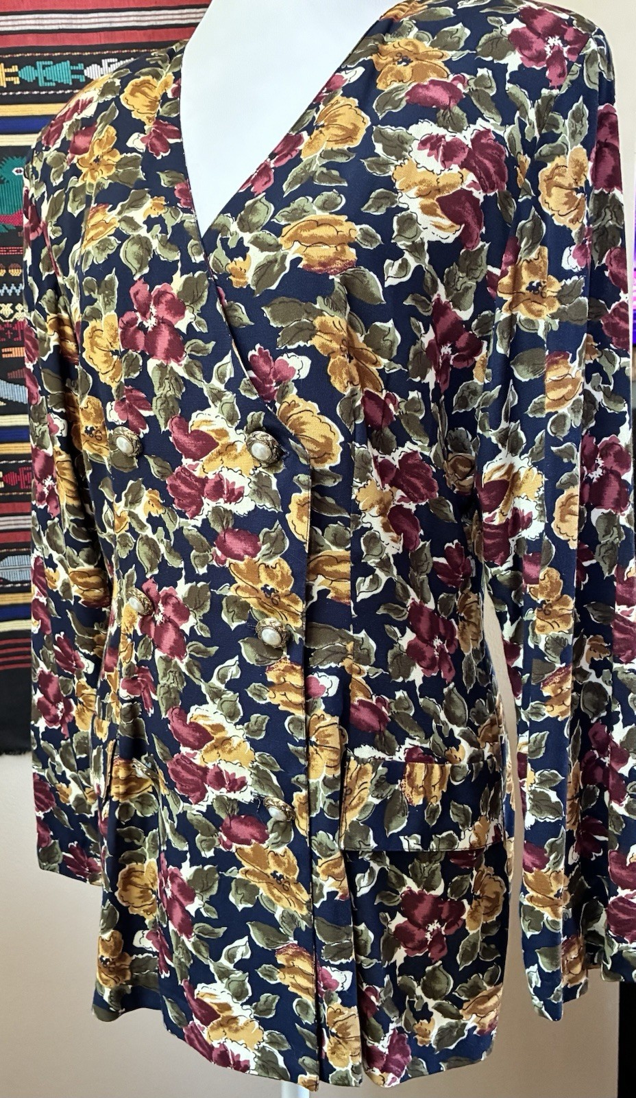Vintage 90s Wrapper Rayon Navy Floral Double Breasted Jacket Blazer USA Made M