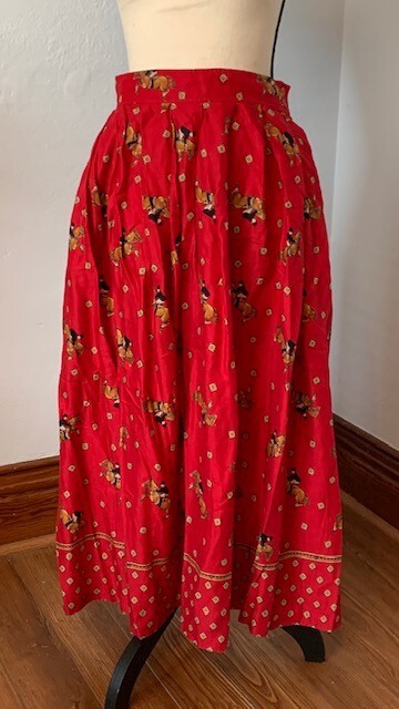 Vintage 80s 90s Chaus High Waisted RED Equestrian Rayon Horse Midi Skirt 30″W