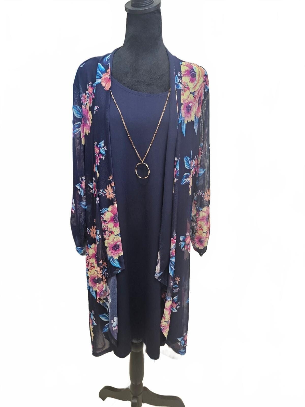 Stella & Julie Navy Blue Floral Print Dress, Sheer Cardigan and Necklace Set 14