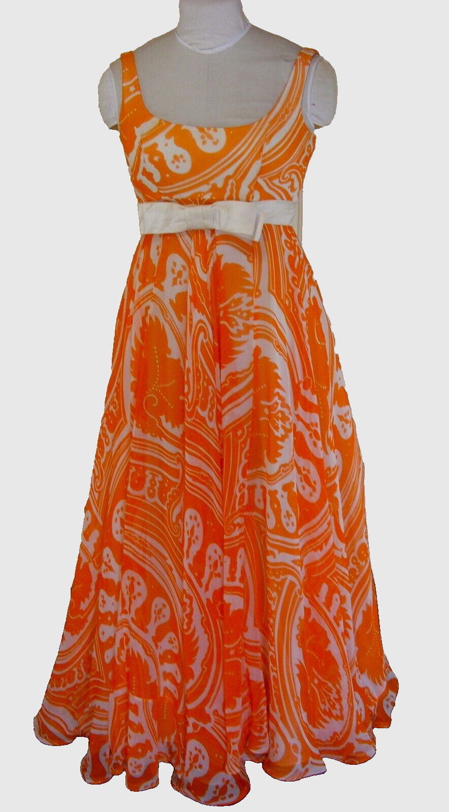 1970 DRESS KIKI HART COUTURE ORANGE WHITE CHIFFON EMPIRE WAIST BALL GOWN SM