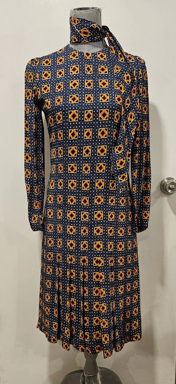 Jean Louis Scherrer Size 38 Vintage 70s Dress + Matching Scarf/Belt Blue Yellow