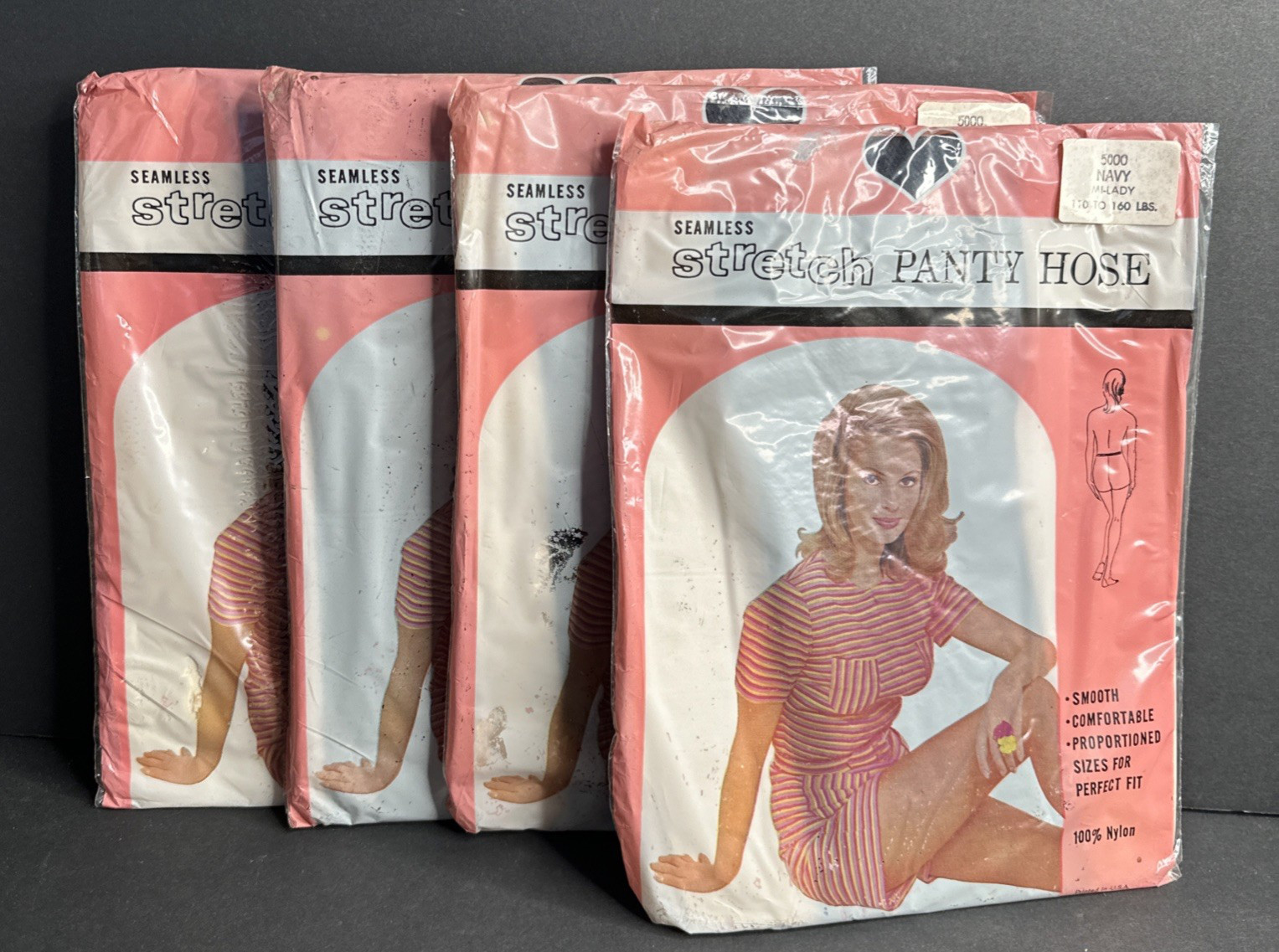 4 Pairs Vintage Seamless Stretch Pantyhose NAVY (110-160 lbs.) MI-LADY 5000
