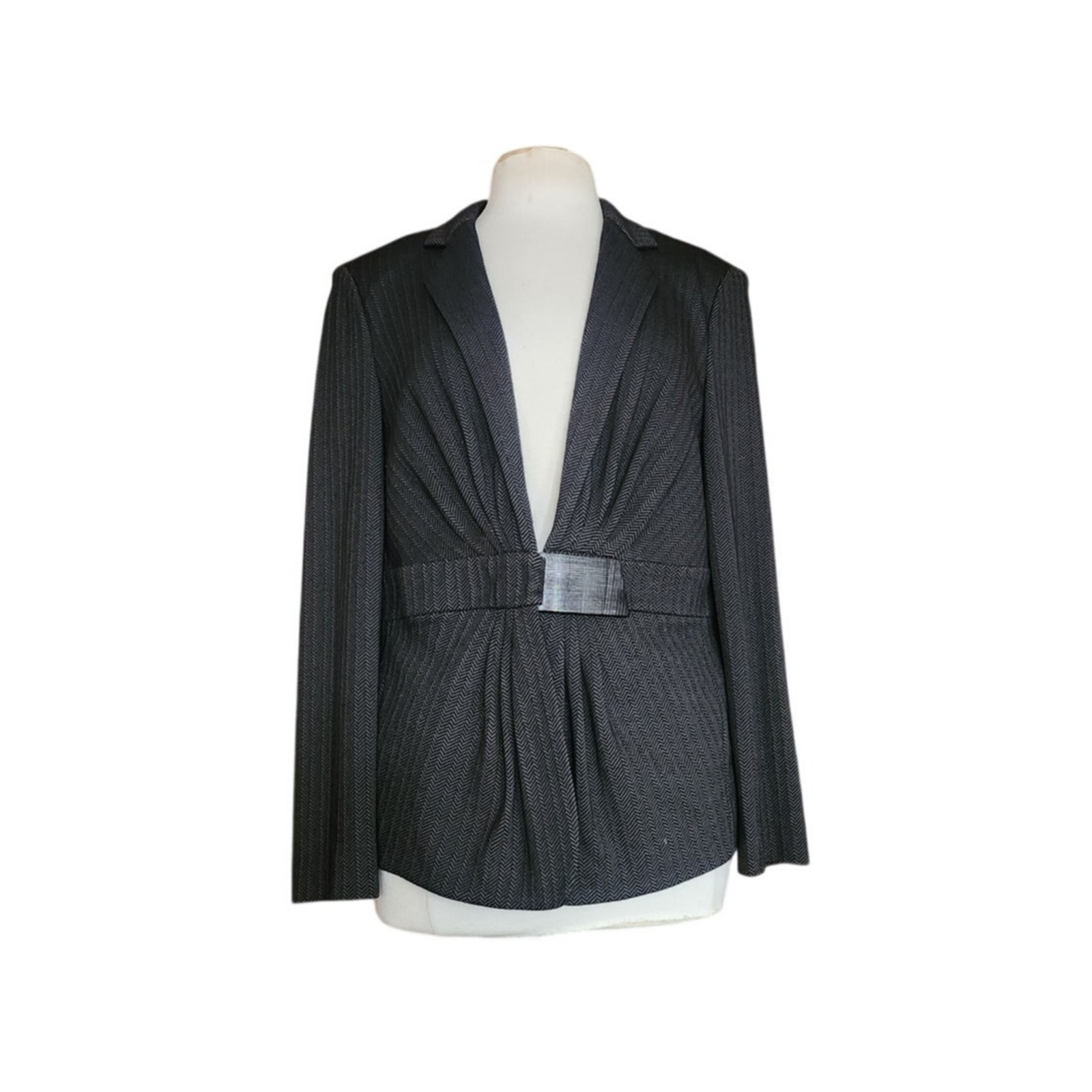 VTG 2000s Y2K Armani Blazer Gray Herrinbone Wool Fitted Jacket Buckle Closure