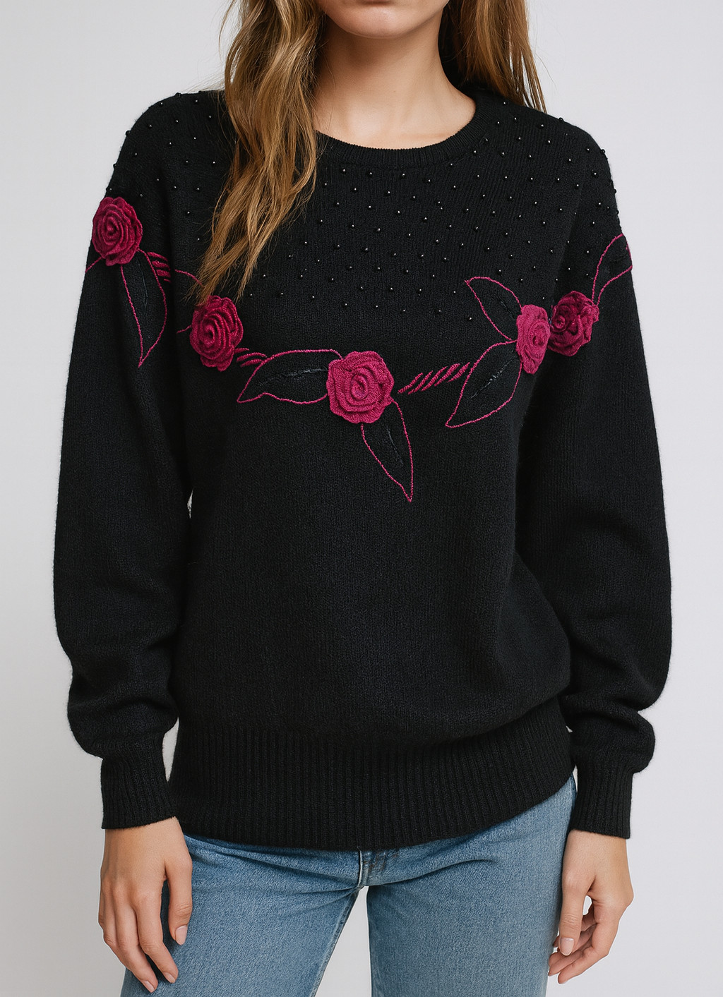 Vintage 80s Cedars Black Sweater Rose Appliqué Angora Silk Blend Size M