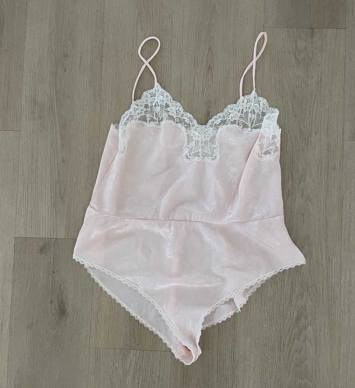 Vintage Indulgence Pink Satin Lace Teddy Bodysuit Romper USA Medium