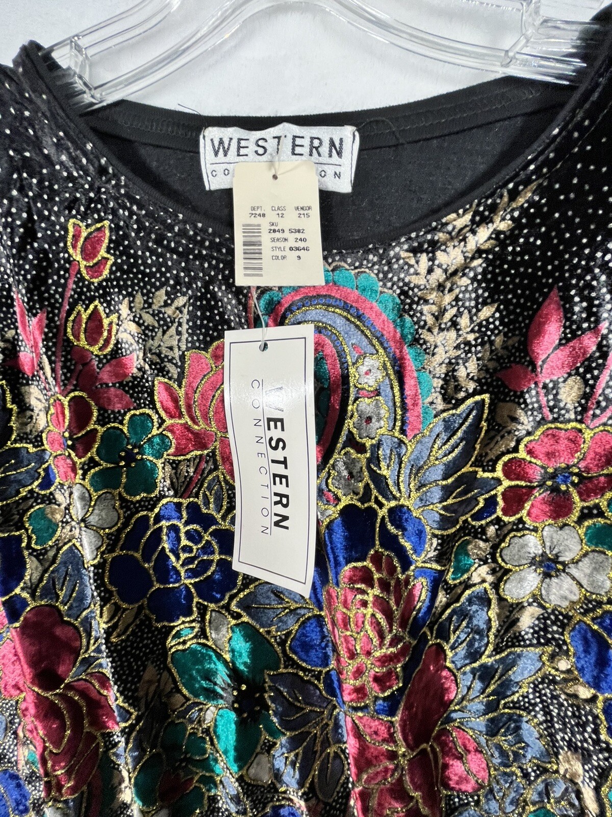 Vintage NWT Western Connection Womens L Top Black Batwing Floral Colorful