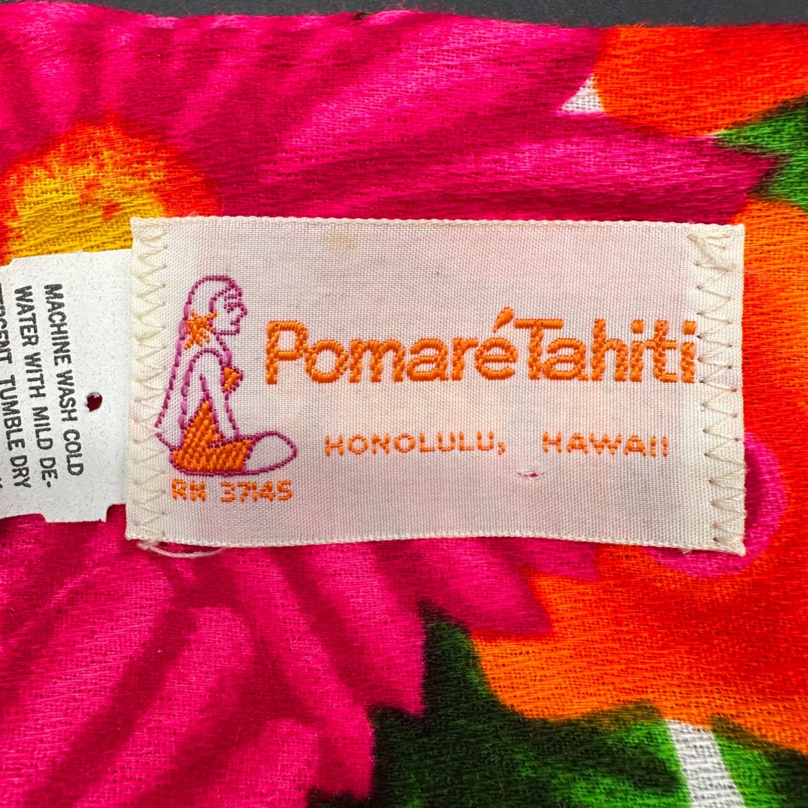 Vintage Hawaiian Floral Dress Large Pink Orange Tropical Paradise Pomaré Tahiti