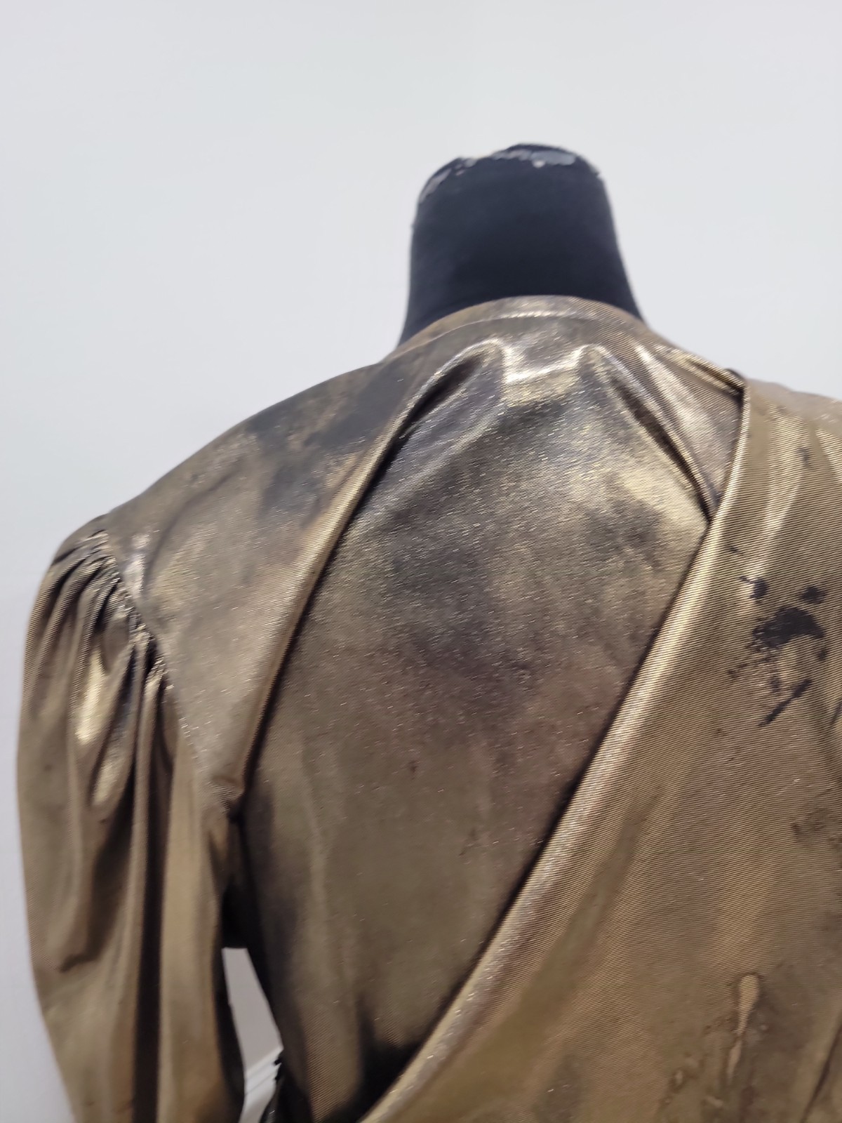 Vintage 80s Filigree Metallic Gold Lamé Ruched Wrap Cocktail Dress Draped Party