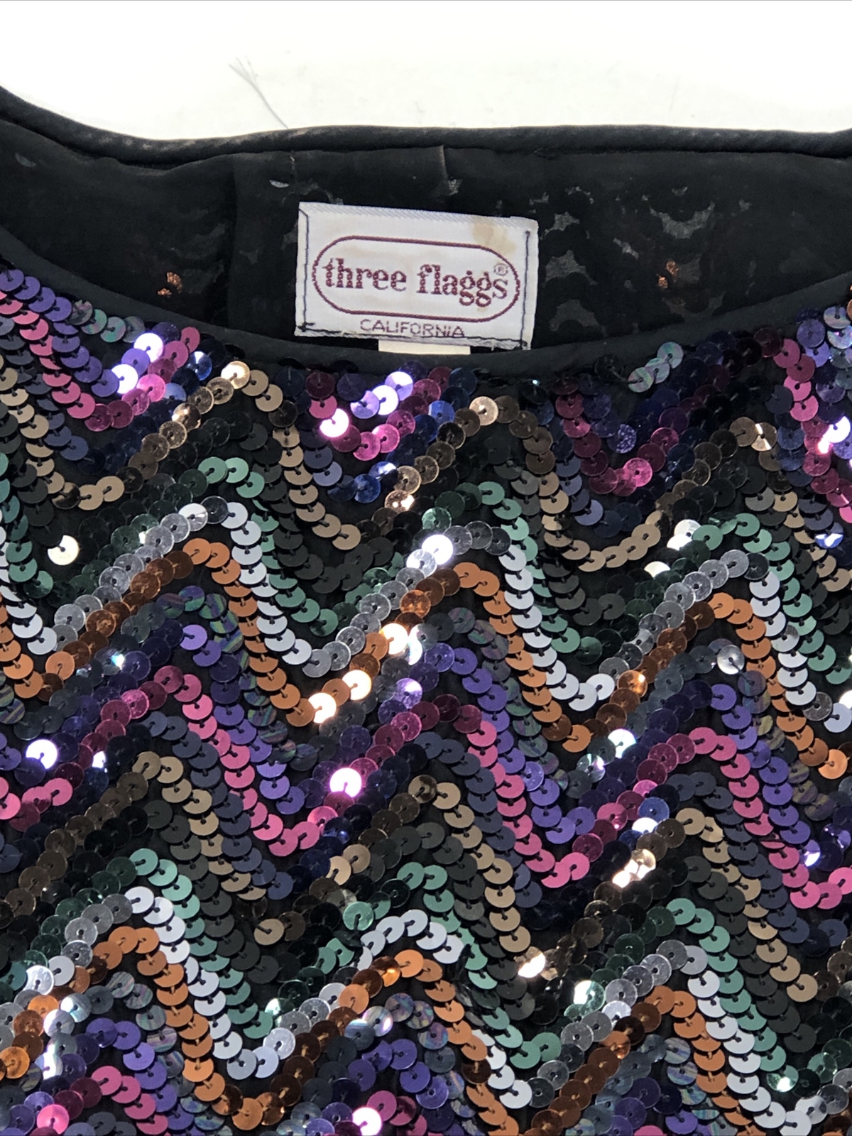Three Flaggs California Sheer Shirt Sequin Blouse Top Neck Disco Geometric