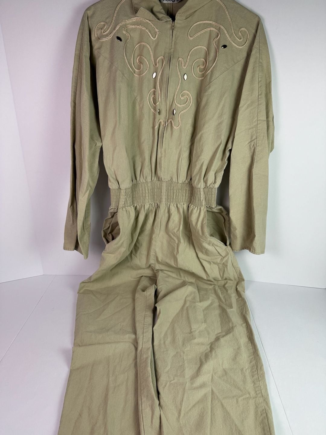 Vintage 80s Incognito Khaki Olive Green Soutache Embroidered Studded Jumpsuit