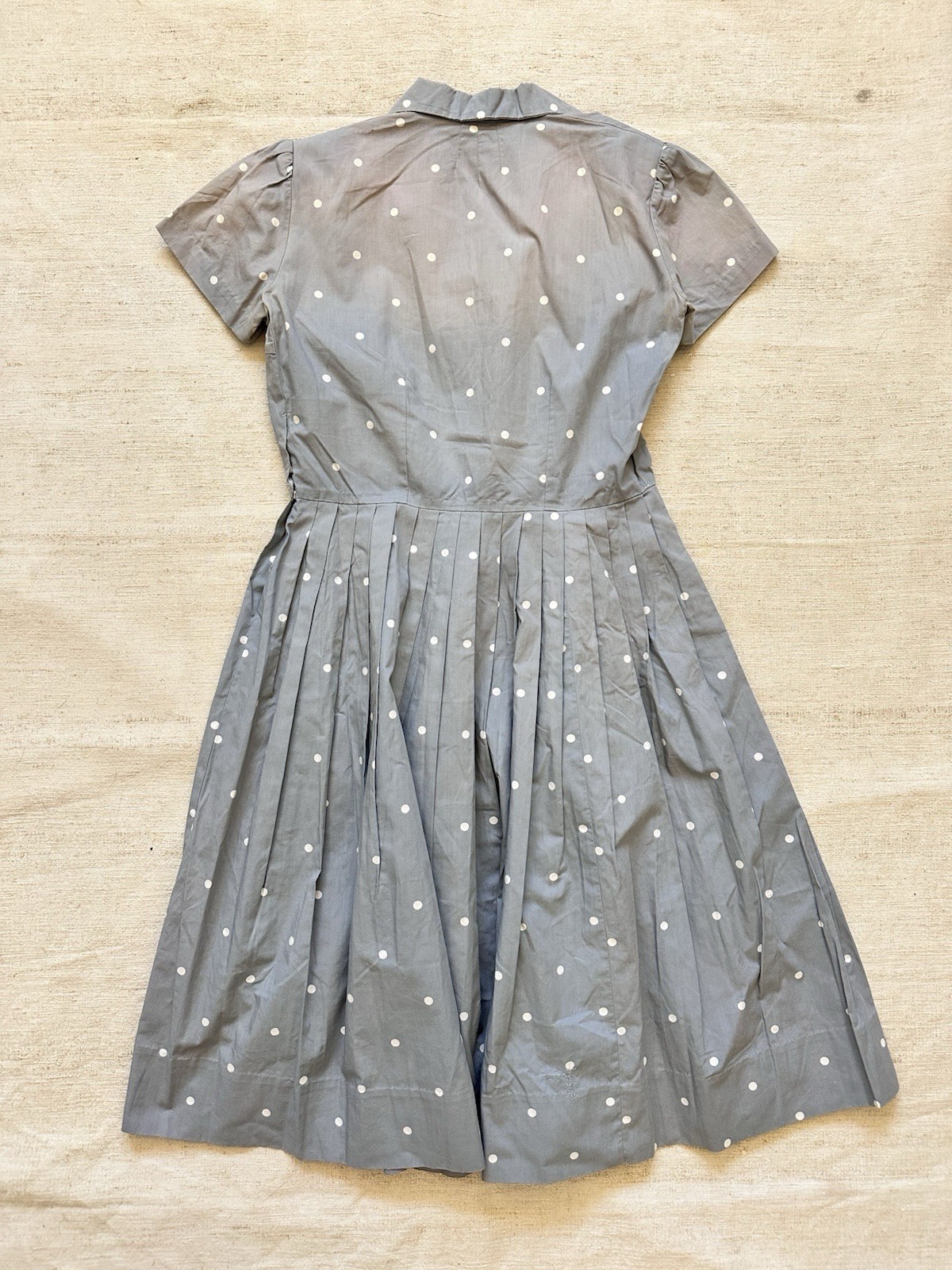 1950s Vintage Handmade French Cotton Farm Chore Dress Polkadot Grey Faded Small