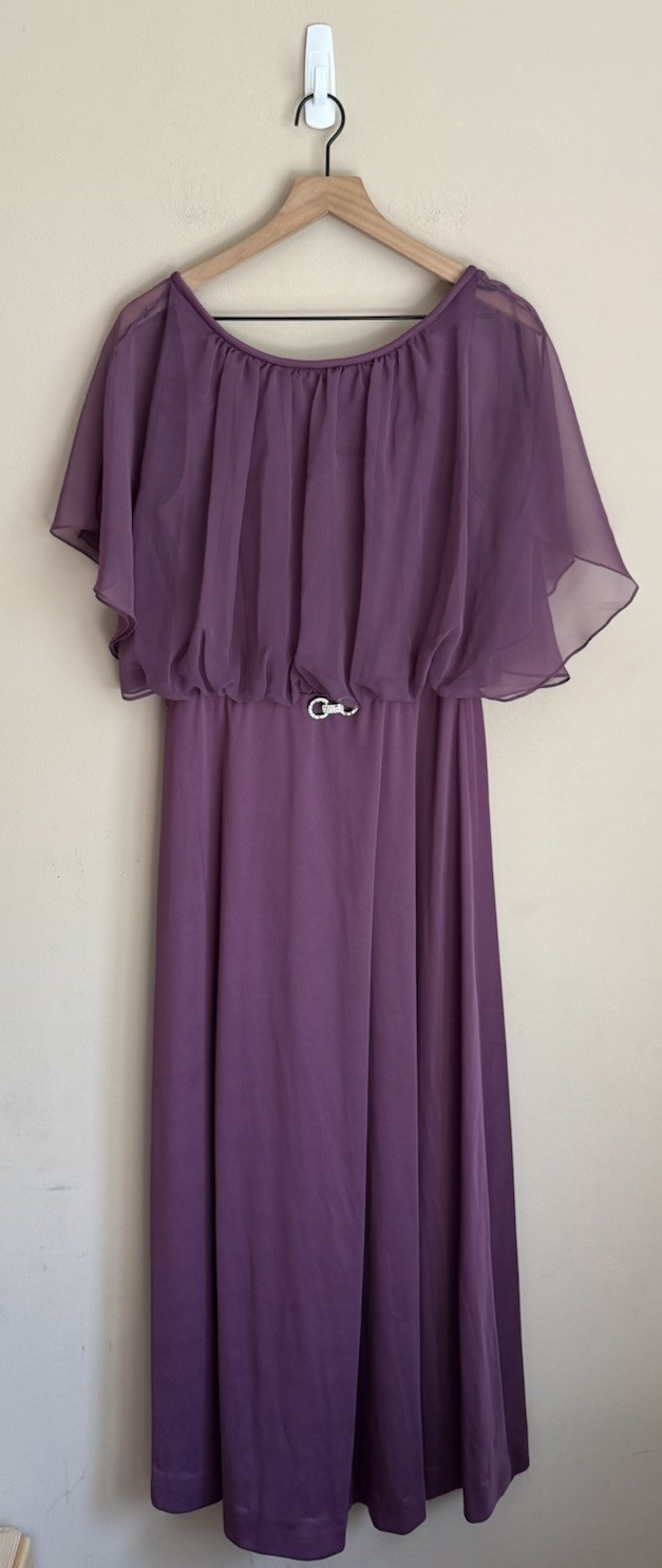 Dress Vintage Maxi 60s 70s Poly Knit Sheer Womens Size Medium Boho Jewel Flounce